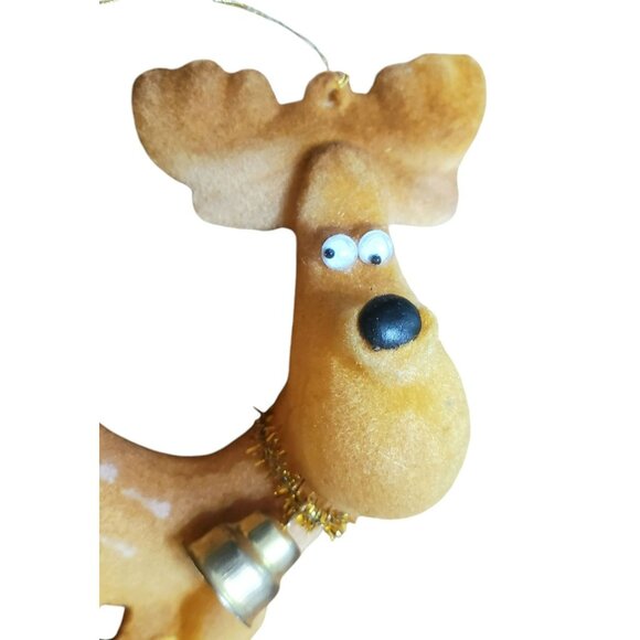 2 Vintage Flocked Moose Christmas Ornaments Reindeer Google Eyes Gold Bell 4.5" - Picture 8 of 16